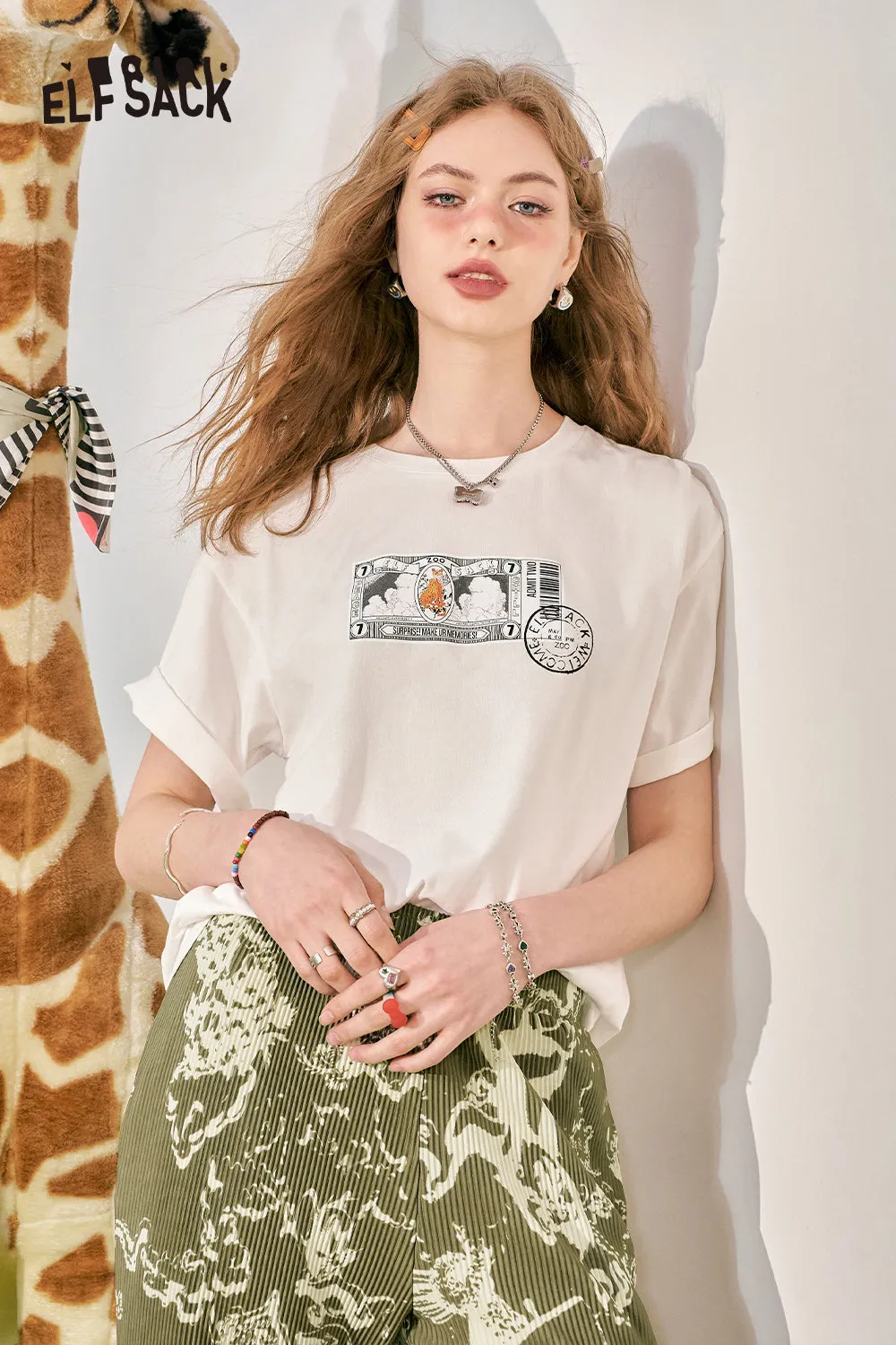 ELFSACK 2024 Summer New Loose Short sleeved T-shirt Slim and Casual Versatile Basic Top