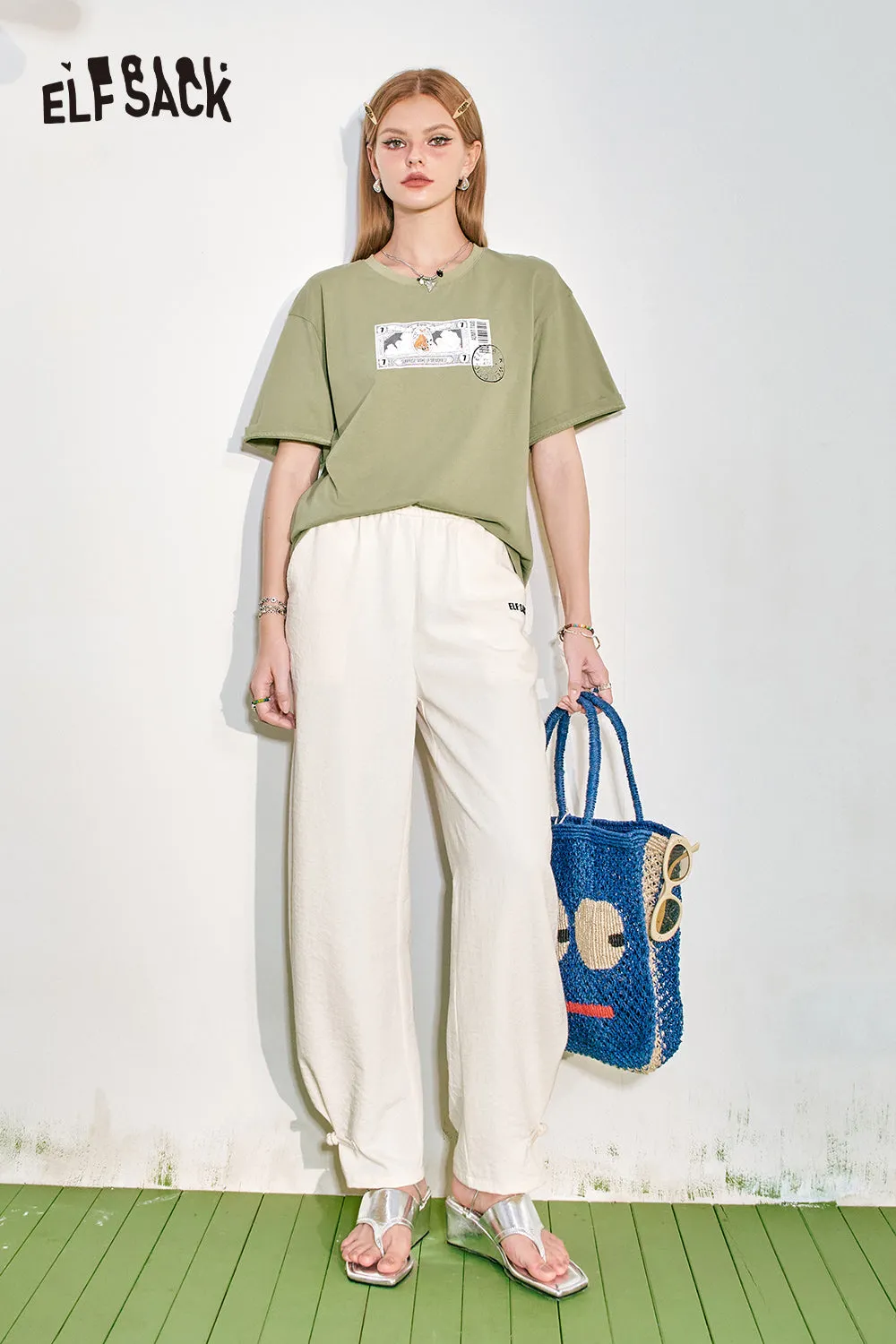 ELFSACK 2024 Summer New Loose Short sleeved T-shirt Slim and Casual Versatile Basic Top