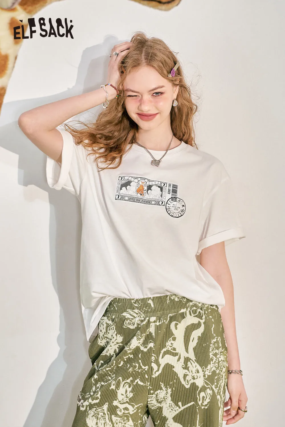 ELFSACK 2024 Summer New Loose Short sleeved T-shirt Slim and Casual Versatile Basic Top