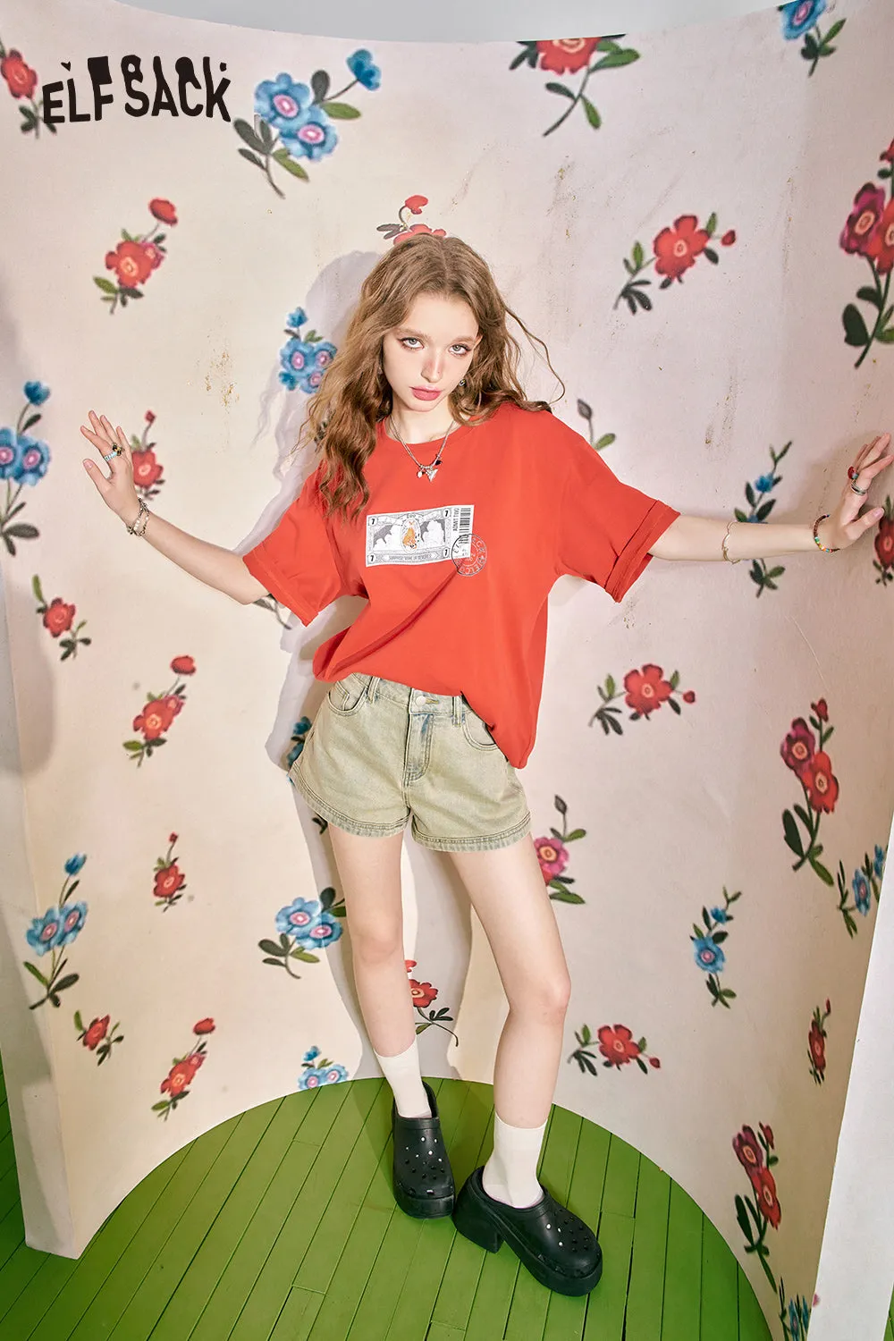 ELFSACK 2024 Summer New Loose Short sleeved T-shirt Slim and Casual Versatile Basic Top