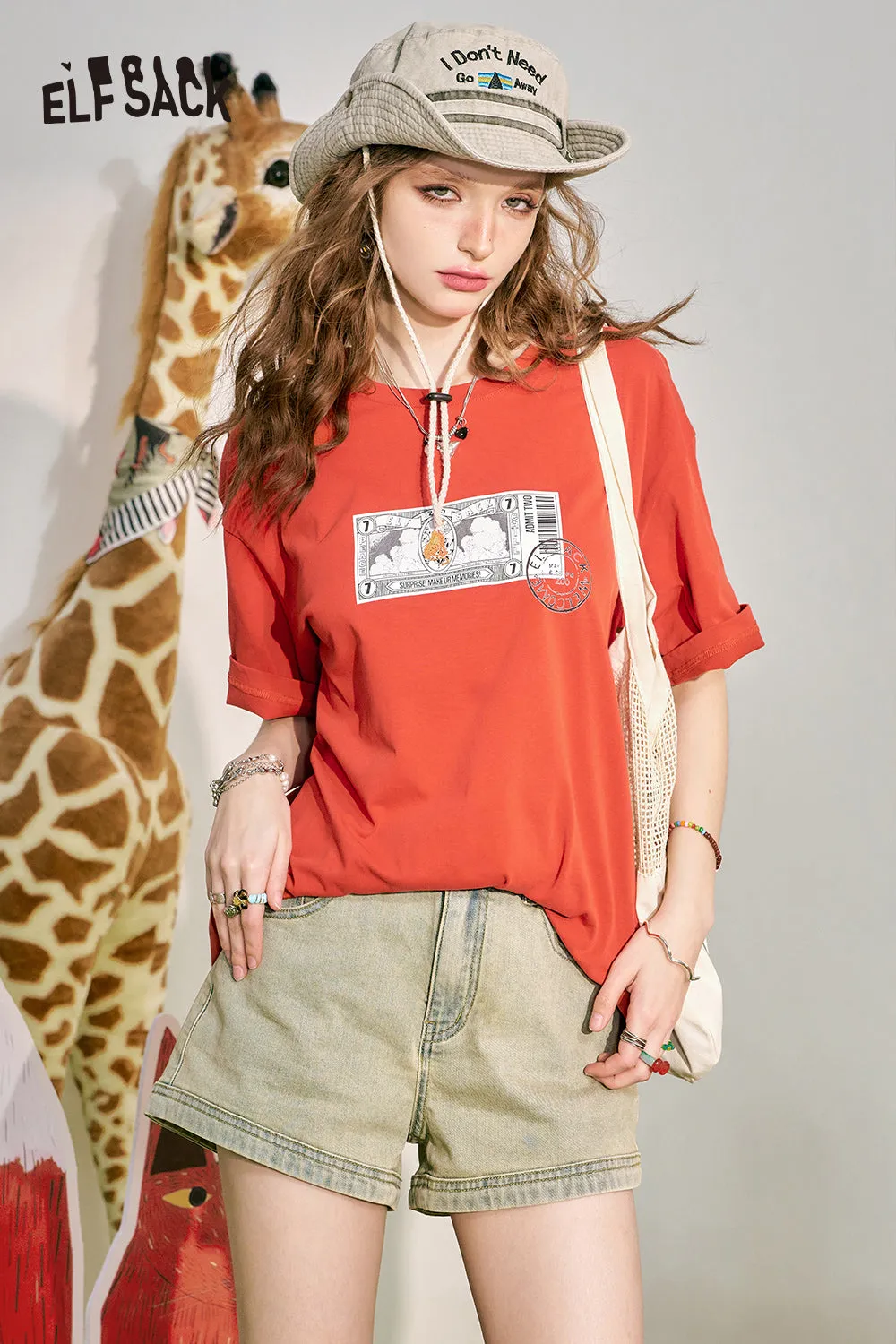 ELFSACK 2024 Summer New Loose Short sleeved T-shirt Slim and Casual Versatile Basic Top