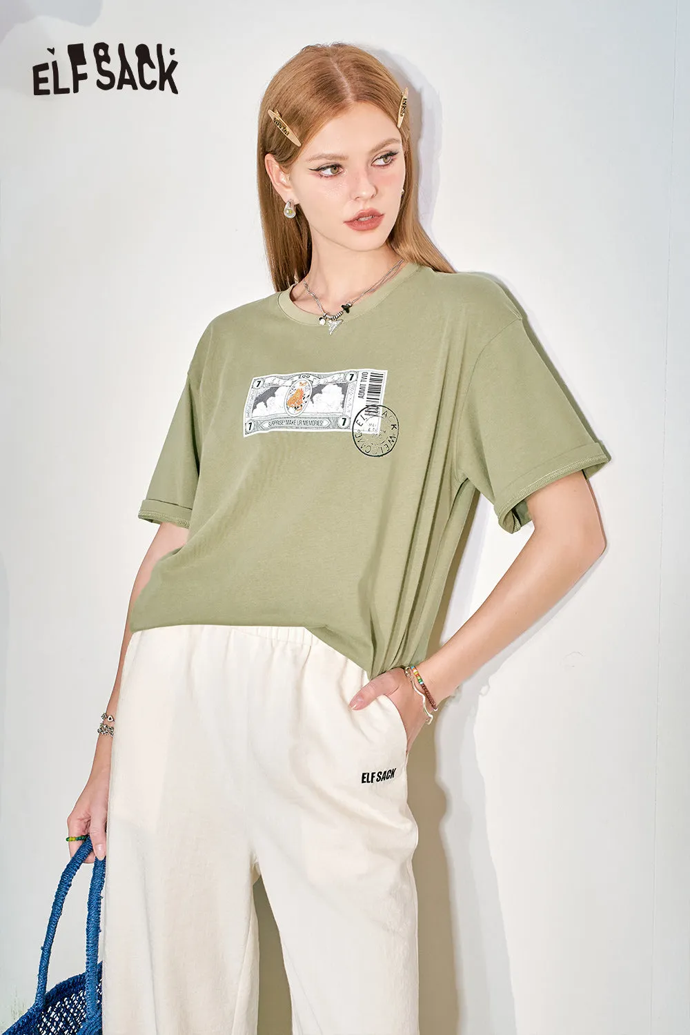 ELFSACK 2024 Summer New Loose Short sleeved T-shirt Slim and Casual Versatile Basic Top