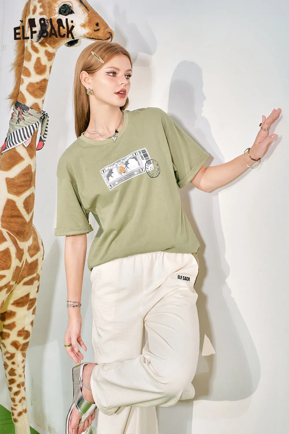 ELFSACK 2024 Summer New Loose Short sleeved T-shirt Slim and Casual Versatile Basic Top