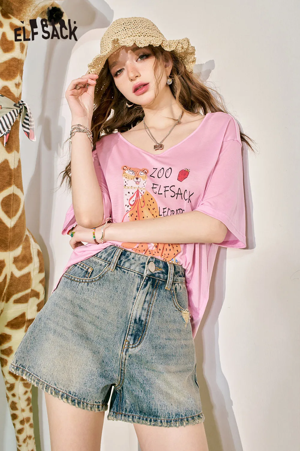 ELFSACK 2024 Summer New Pink V-neck Loose Slimming T-shirt Women's Casual Versatile Lightweight Top