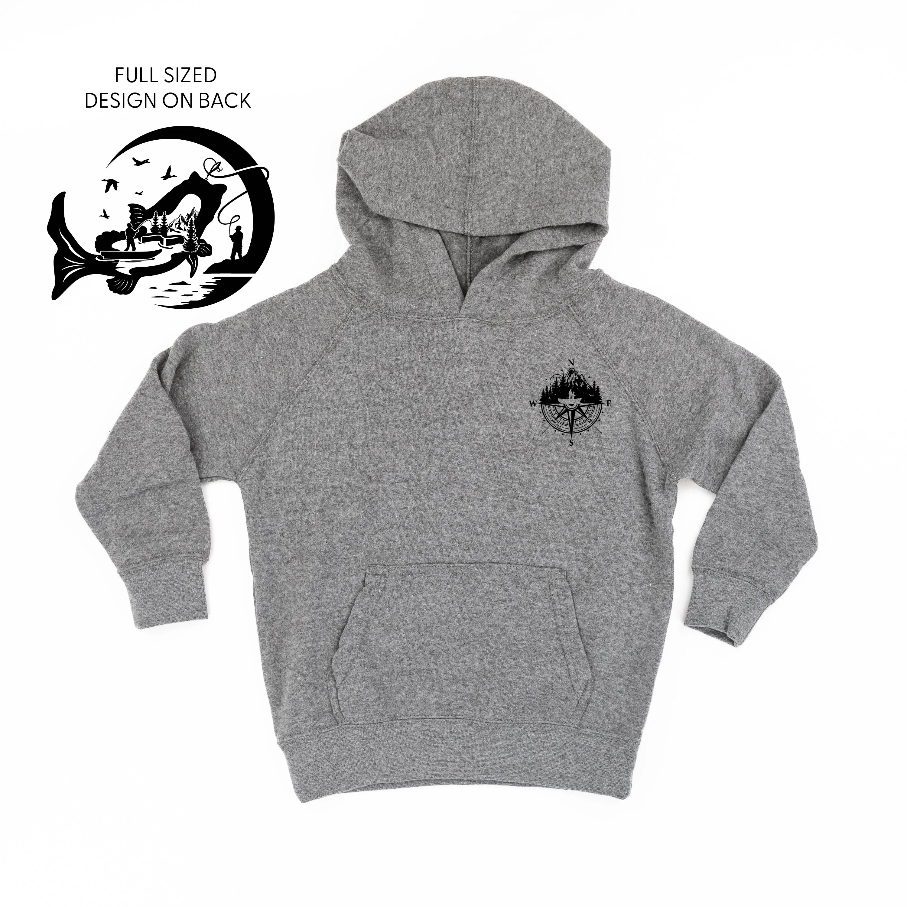 Fishing Compass Pocket Design on Front w/ Fishing Scene on Back - Child Hoodie