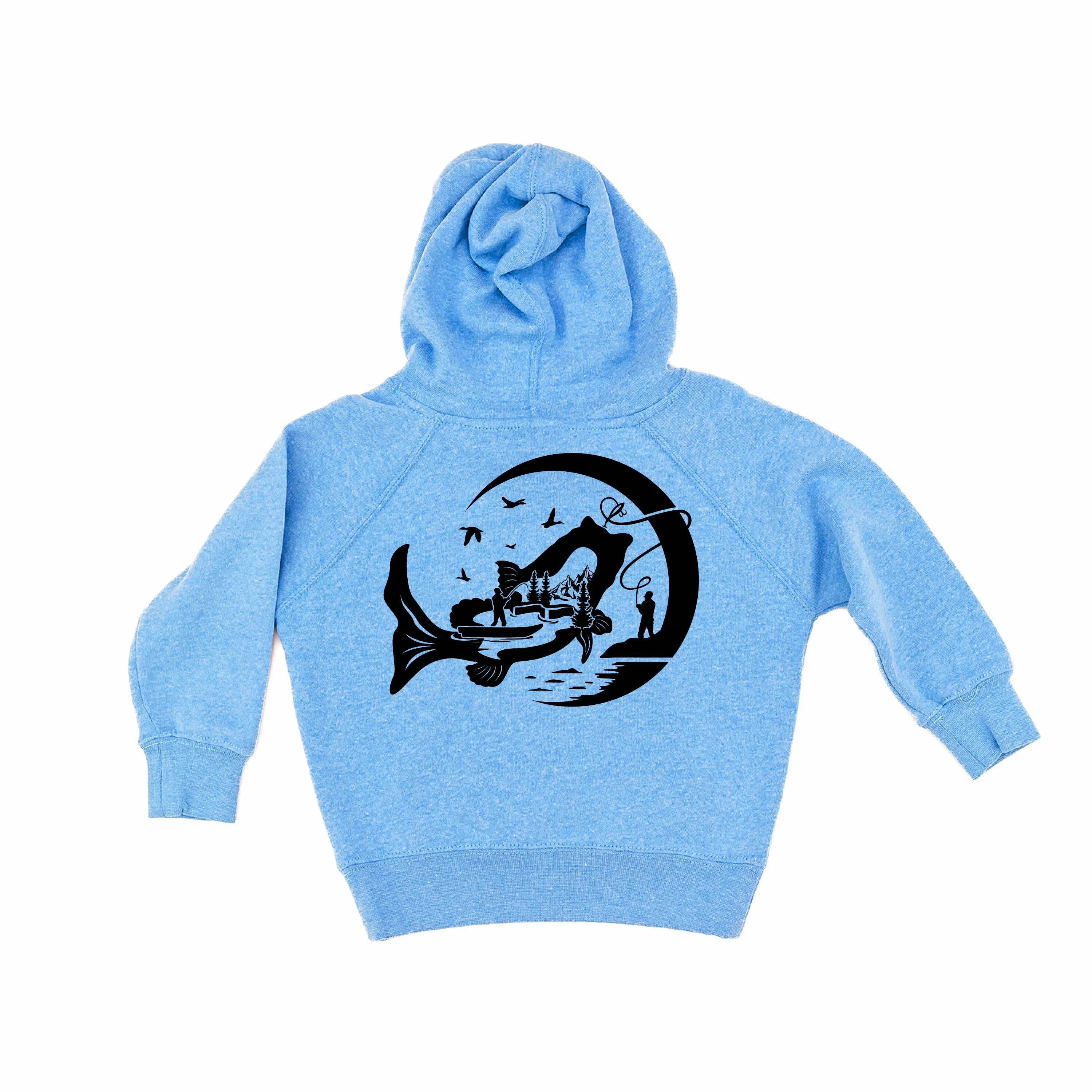Fishing Compass Pocket Design on Front w/ Fishing Scene on Back - Child Hoodie