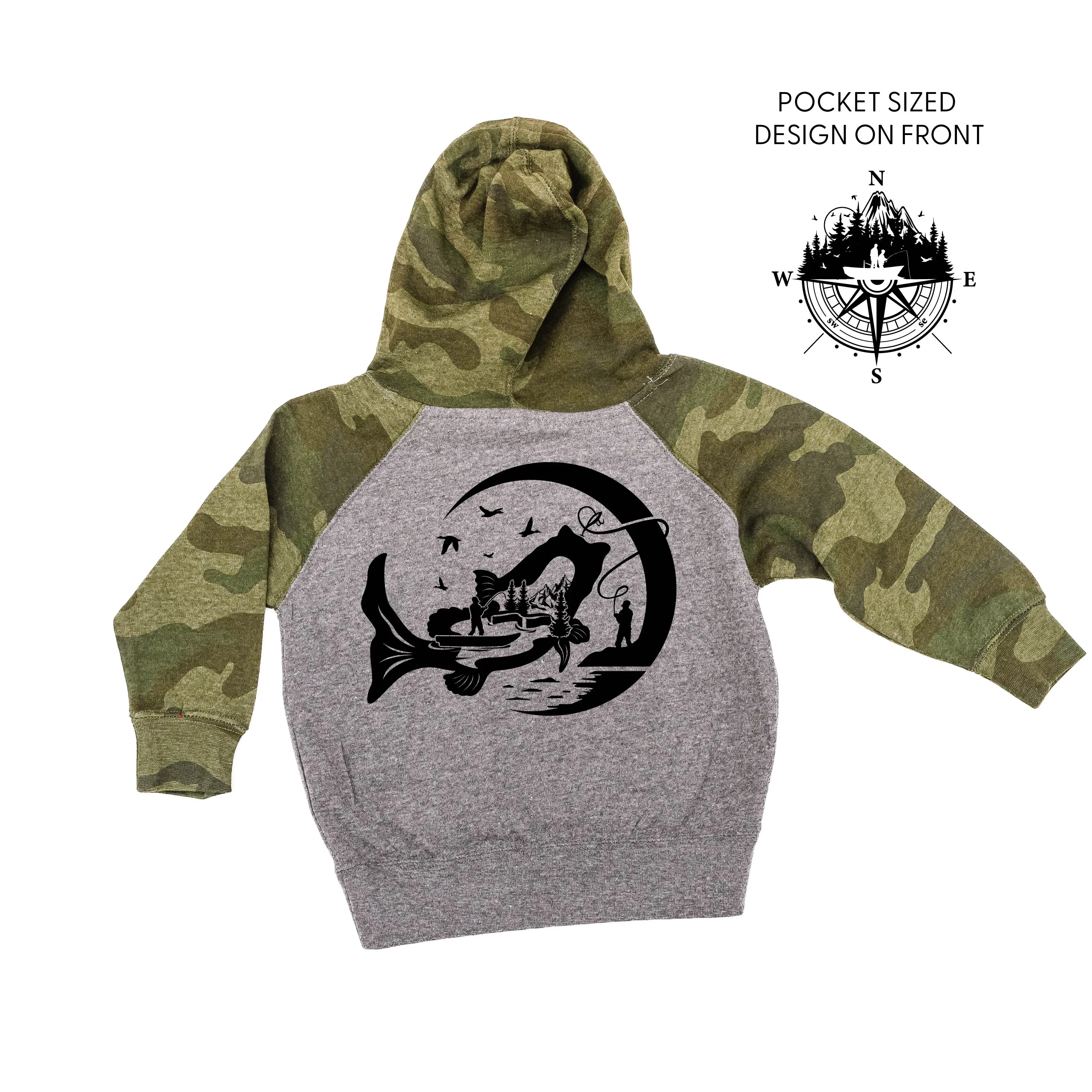 Fishing Compass Pocket Design on Front w/ Fishing Scene on Back - Child Hoodie