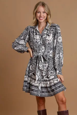 Floral Border Print Tie Waist Mini Dress