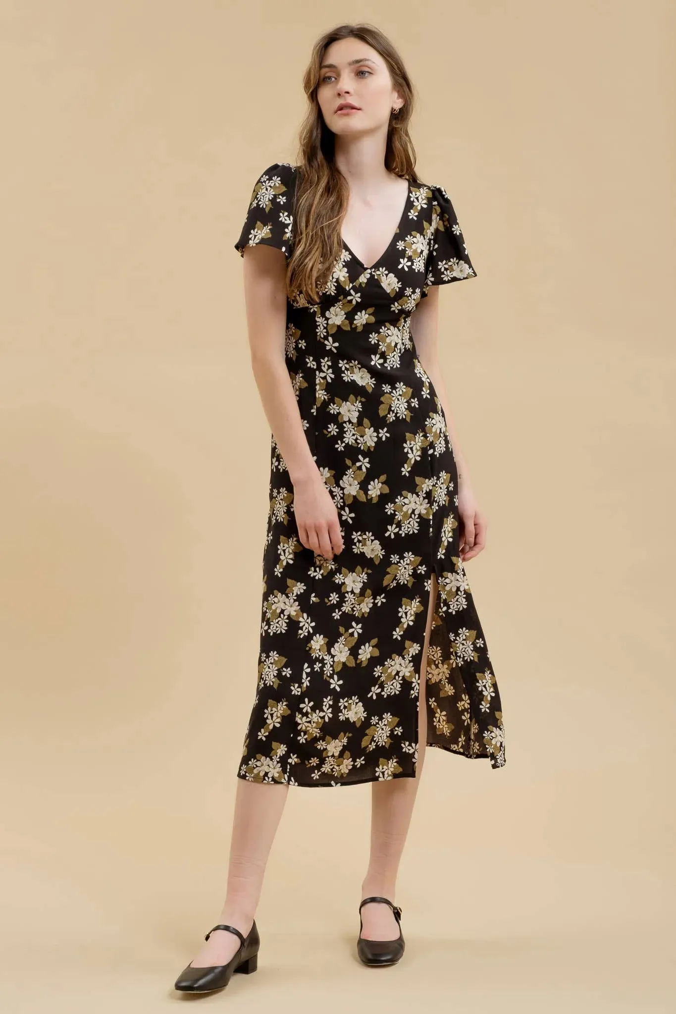 Floral Vneck Split Midi Dress