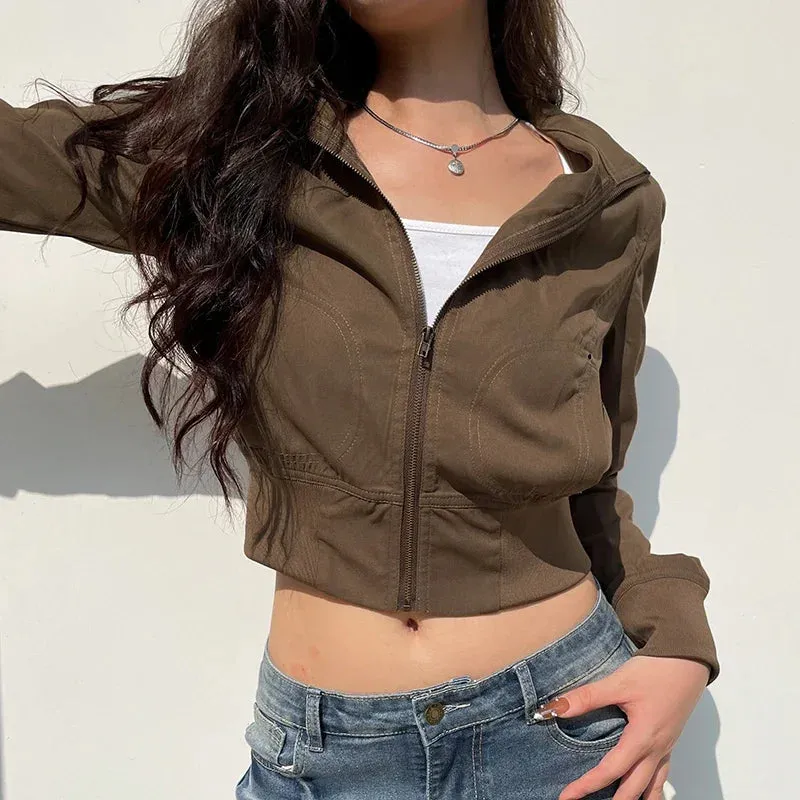Girlary Casual Long Sleeves Pockets Cargo Coats Vintage Solid Slim Jackets Y2K Fashion Streetwear Aesthetic Zip Up Clothes