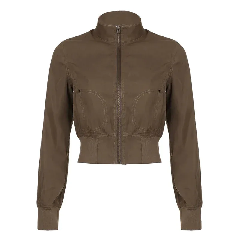 Girlary Casual Long Sleeves Pockets Cargo Coats Vintage Solid Slim Jackets Y2K Fashion Streetwear Aesthetic Zip Up Clothes