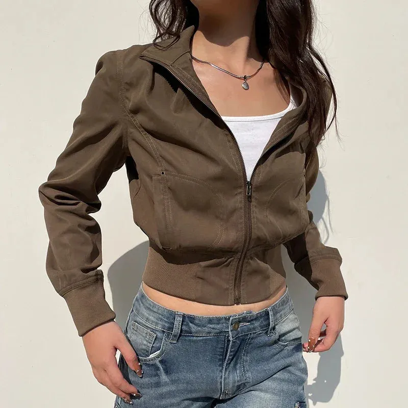 Girlary Casual Long Sleeves Pockets Cargo Coats Vintage Solid Slim Jackets Y2K Fashion Streetwear Aesthetic Zip Up Clothes