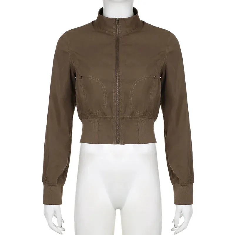 Girlary Casual Long Sleeves Pockets Cargo Coats Vintage Solid Slim Jackets Y2K Fashion Streetwear Aesthetic Zip Up Clothes