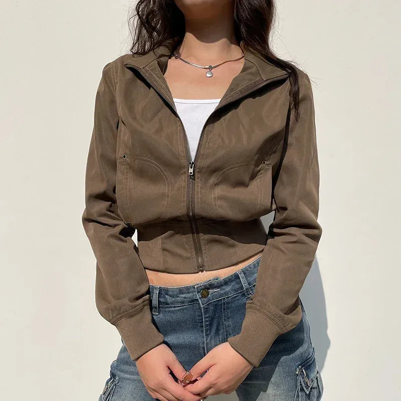 Girlary Casual Long Sleeves Pockets Cargo Coats Vintage Solid Slim Jackets Y2K Fashion Streetwear Aesthetic Zip Up Clothes