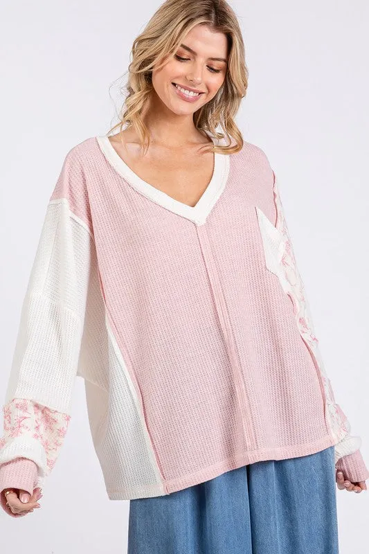 Hazel Blues® |  SAGE   FIG Floral Long Sleeve V-Neck Waffle Knit Top