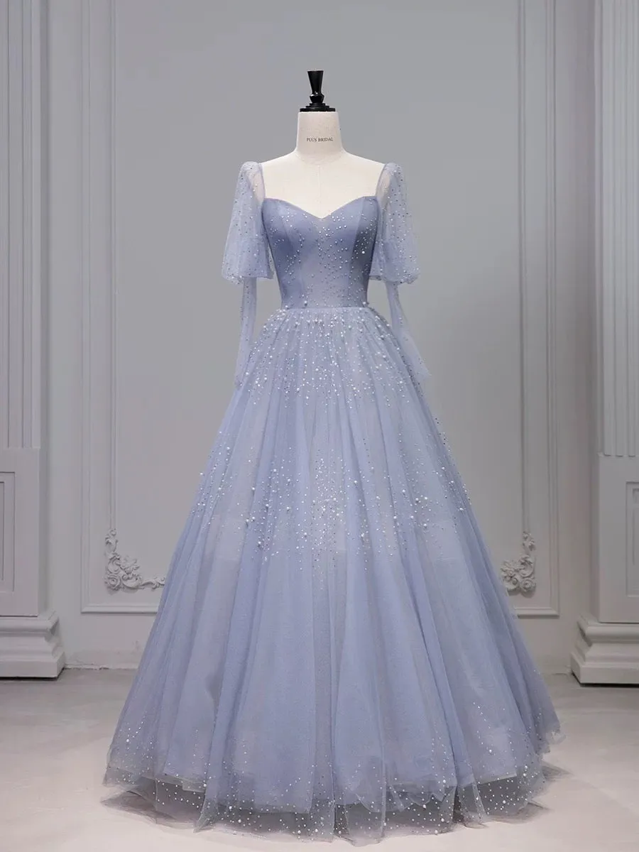 JazzHer Chic Ball Gown Strapless Blue Tulle Long Prom Dresses With Beads Party Dress (PRE-ORDER)