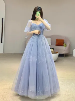 JazzHer Chic Ball Gown Strapless Blue Tulle Long Prom Dresses With Beads Party Dress (PRE-ORDER)