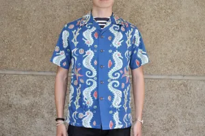John Gluckow X Warehouse "Seahorse vs Starfish" Print Hawaii Shirt (Blue)