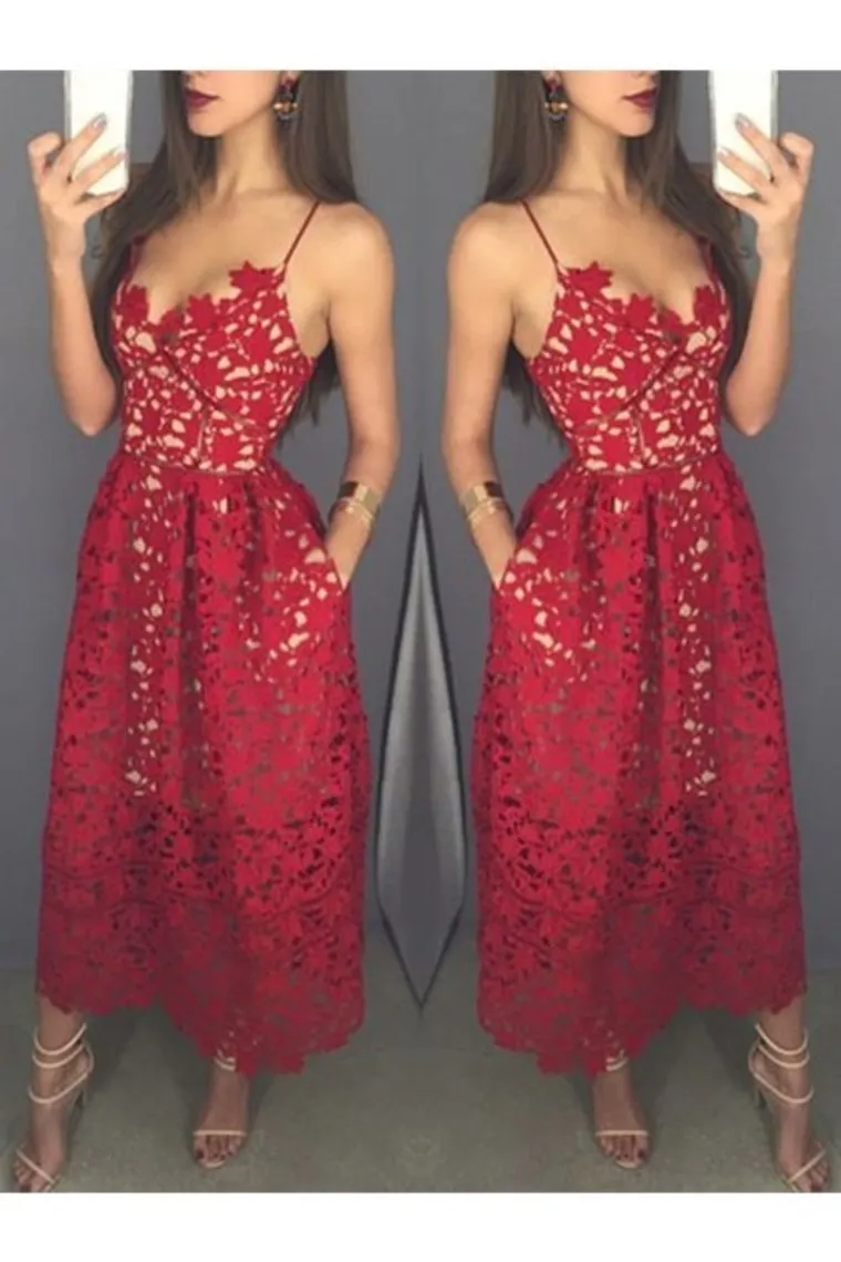 Lace Spaghetti Straps With Pockets Sweetheart Homecoming Dresses