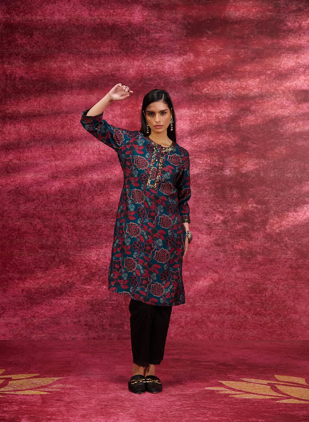 Layla Dark Teal Printed Chanderi Tunic for Women