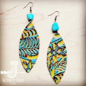 **Leather Narrow Oval Earrings in Dallas Turquoise w/ Turquoise Accent 207a