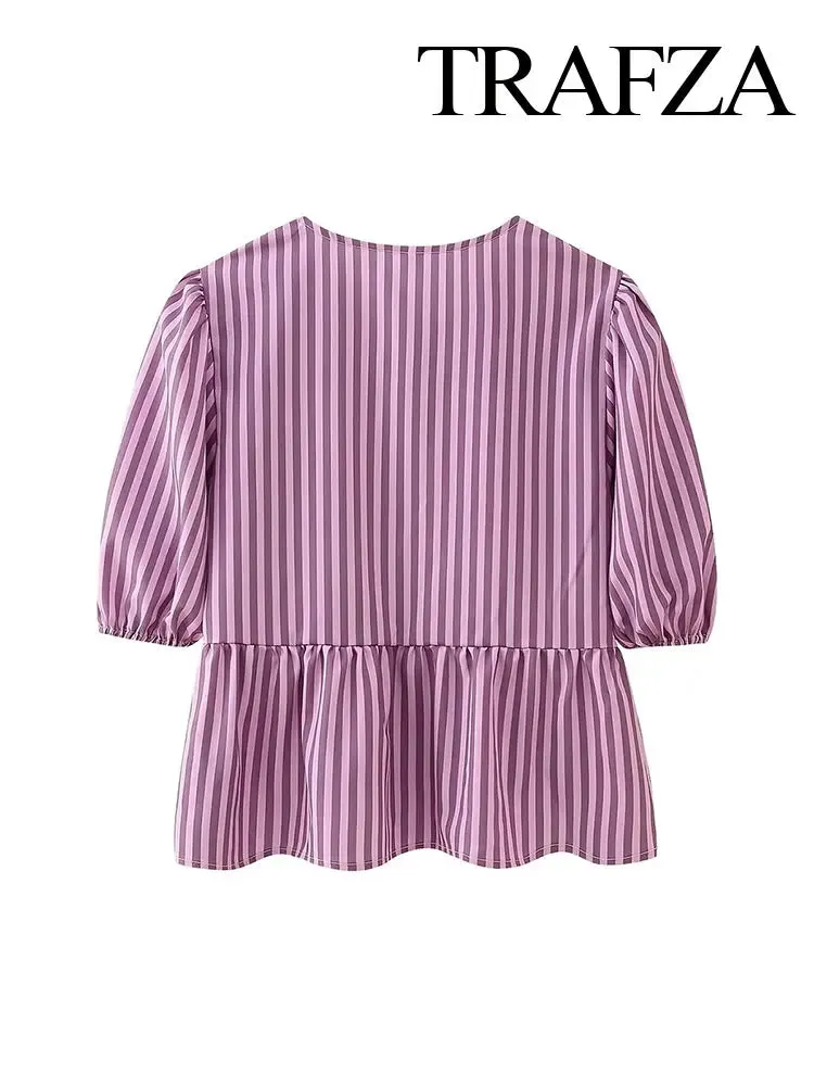 LVSANW TRAFZA 2024 Women's Spring Striped Printed Casual Shirt Elegant Women's Puff Sleeve Lace-Up Round Neck Versatile Top Short Shirt