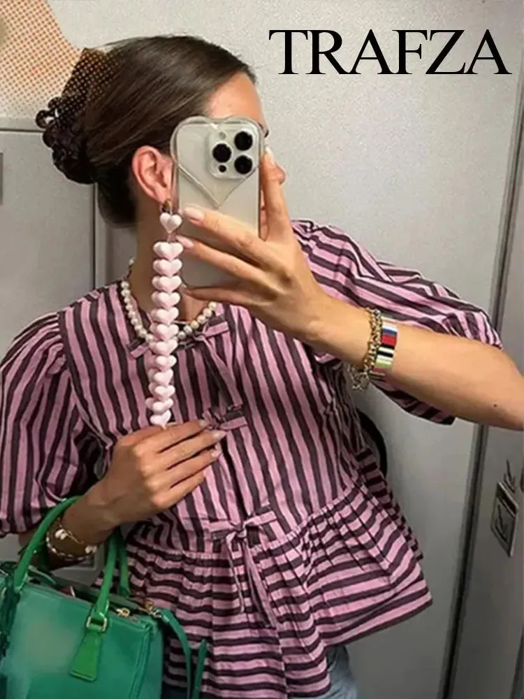 LVSANW TRAFZA 2024 Women's Spring Striped Printed Casual Shirt Elegant Women's Puff Sleeve Lace-Up Round Neck Versatile Top Short Shirt