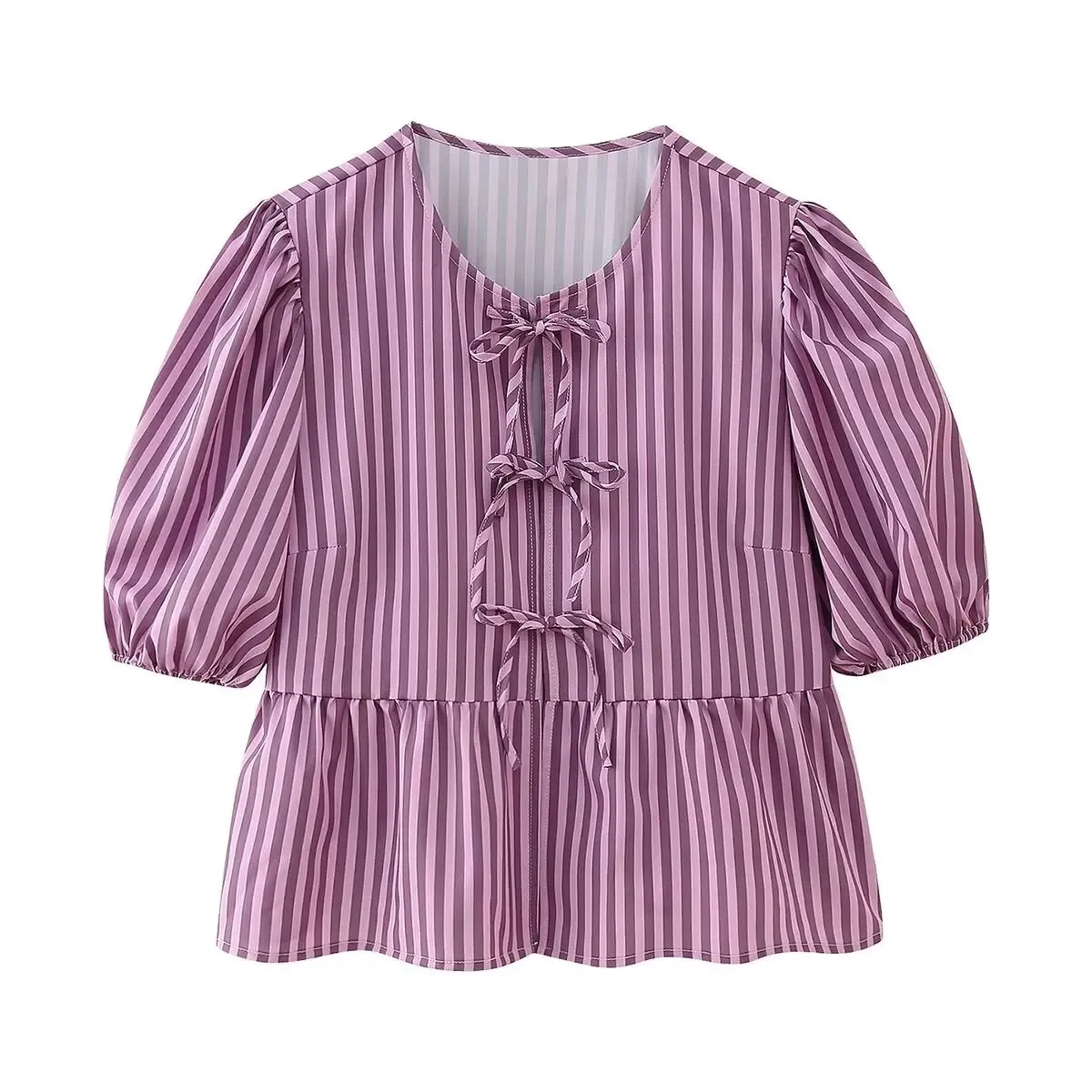 LVSANW TRAFZA 2024 Women's Spring Striped Printed Casual Shirt Elegant Women's Puff Sleeve Lace-Up Round Neck Versatile Top Short Shirt