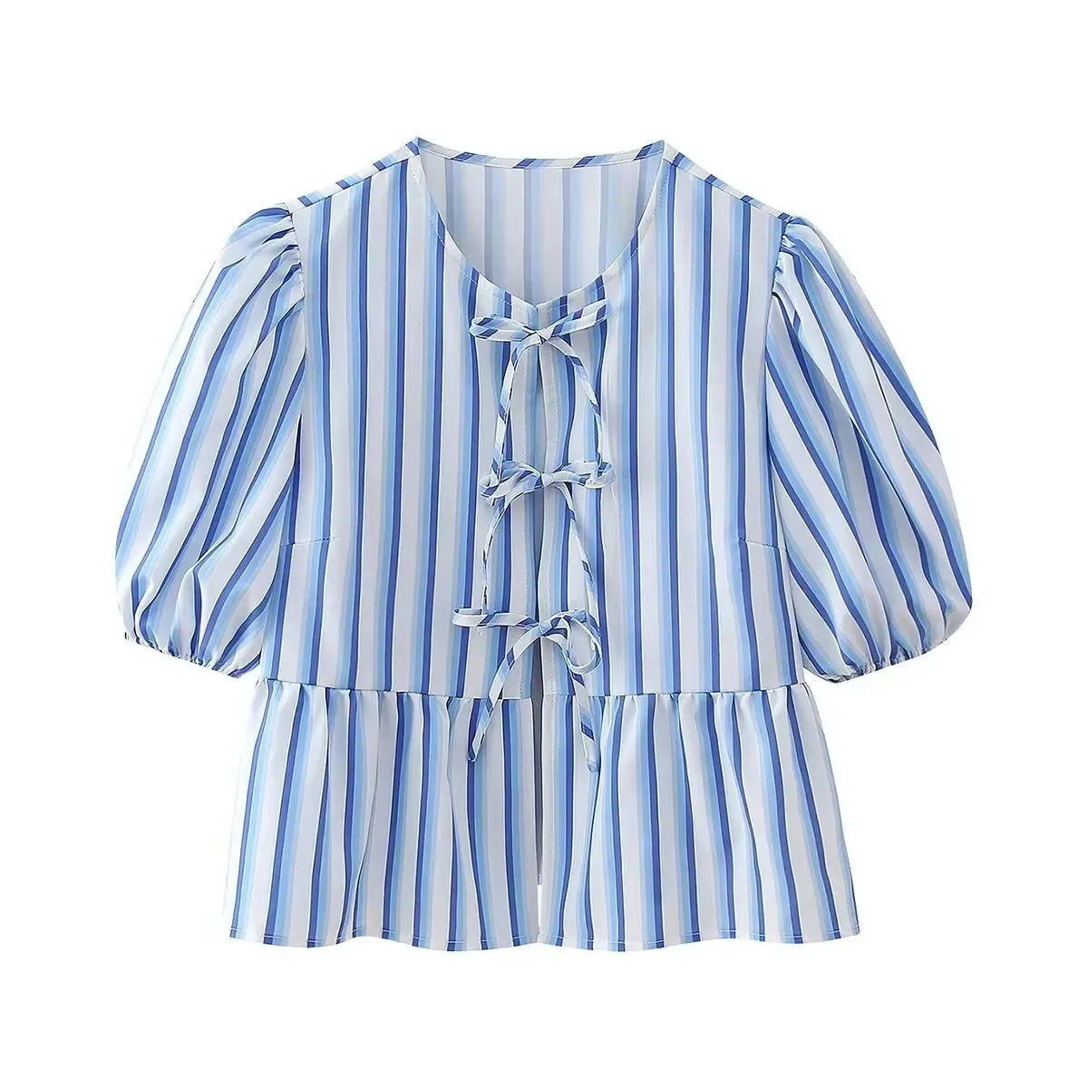 LVSANW TRAFZA 2024 Women's Spring Striped Printed Casual Shirt Elegant Women's Puff Sleeve Lace-Up Round Neck Versatile Top Short Shirt