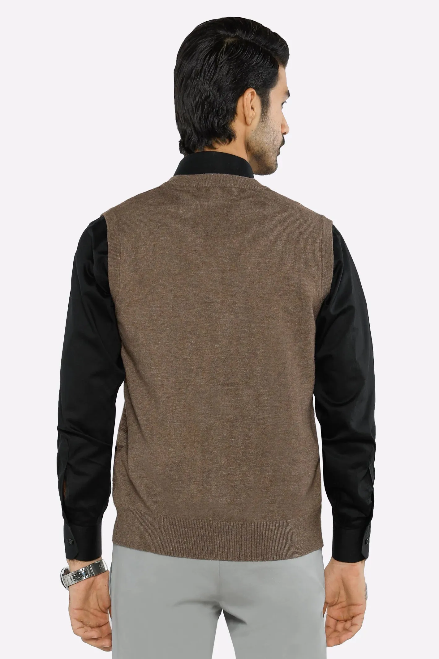 Men Light Brown Sleeveless Cardigan