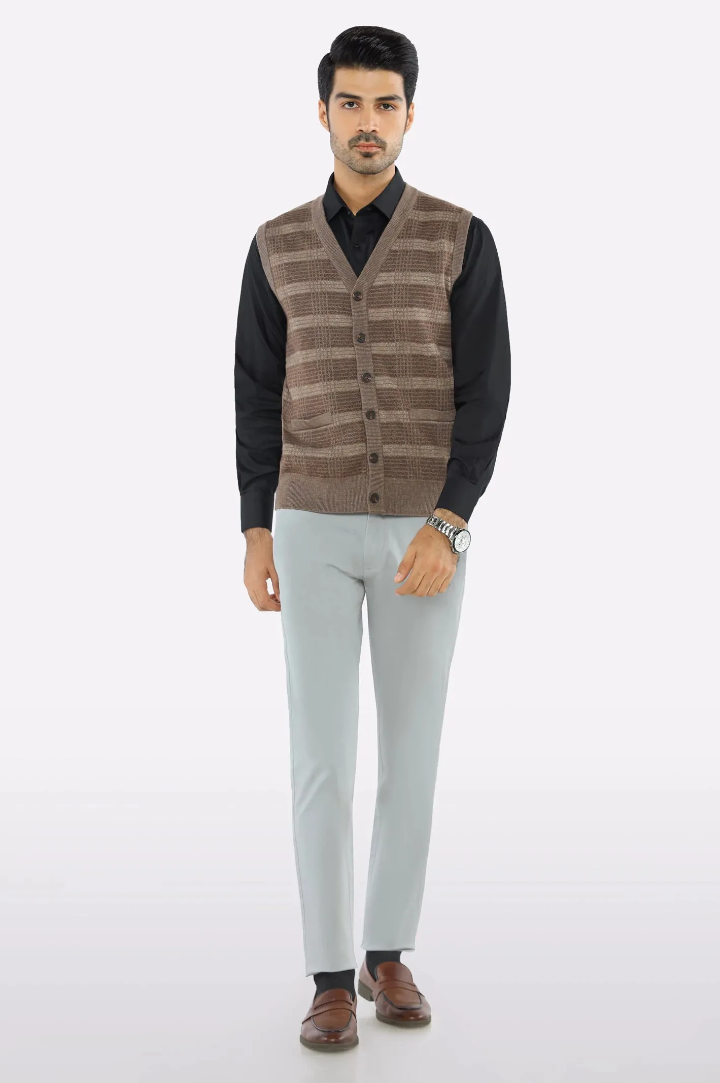 Men Light Brown Sleeveless Cardigan