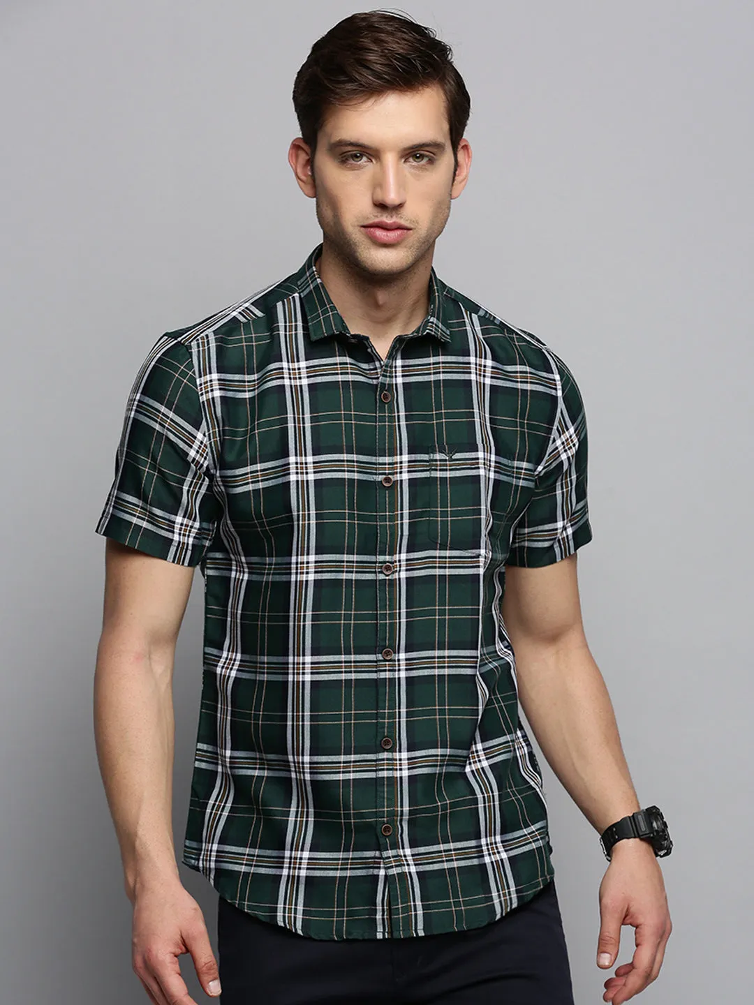 Men Olive Classic Tartan Check Cotton Casual Shirt