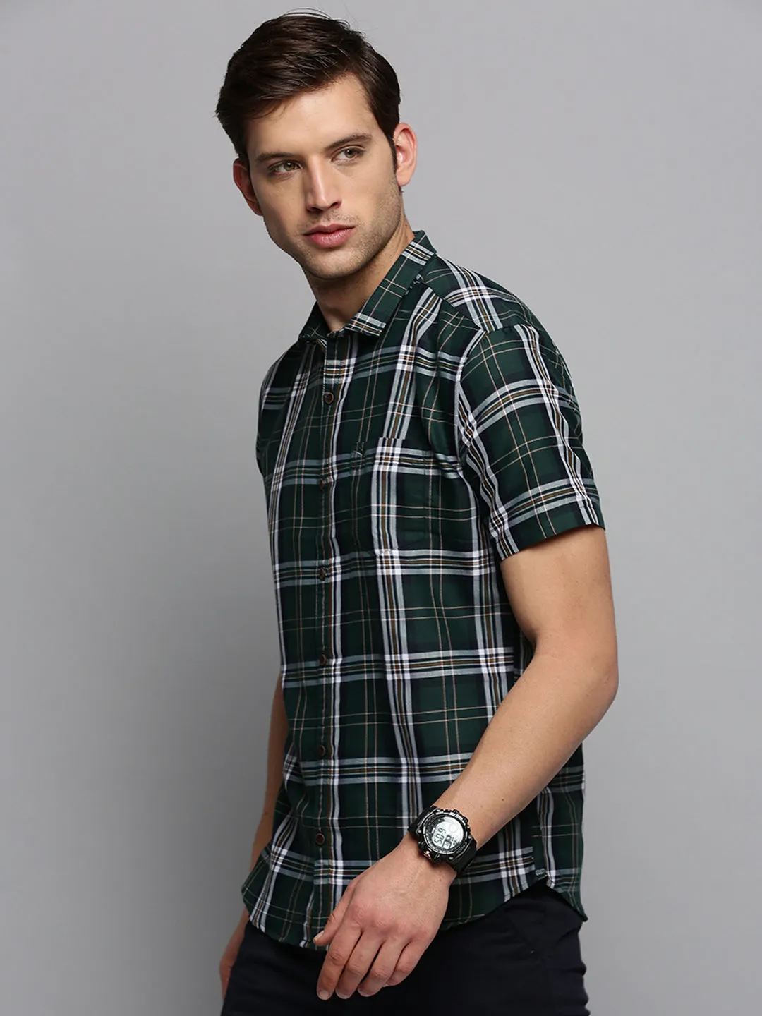 Men Olive Classic Tartan Check Cotton Casual Shirt
