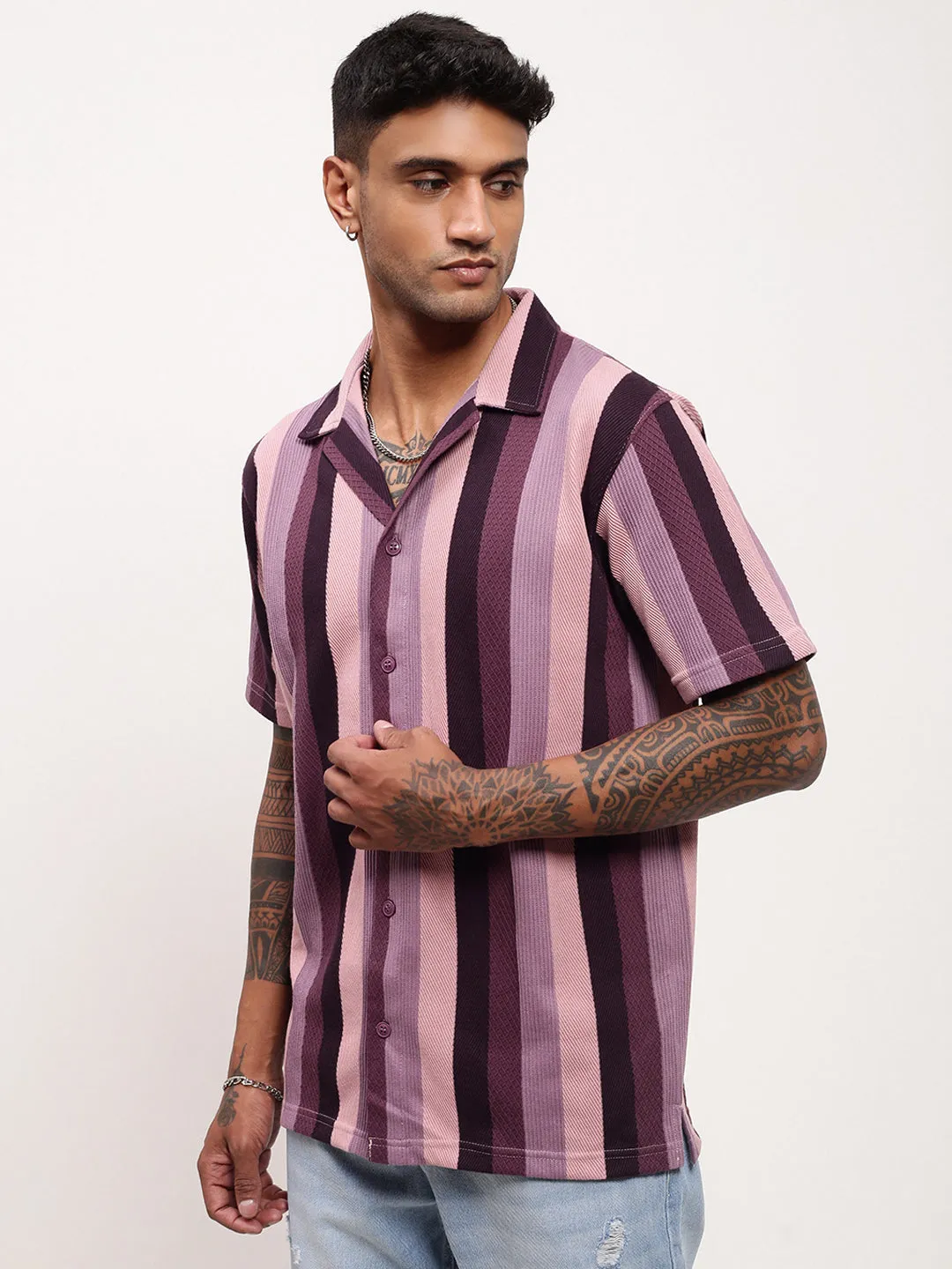 Men Purple Striped Cuban Collar Shirt