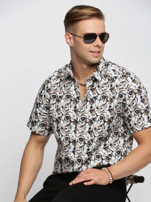 Men White Slim Fit Spread Collar Floral Printed Cotton Casual Shirt