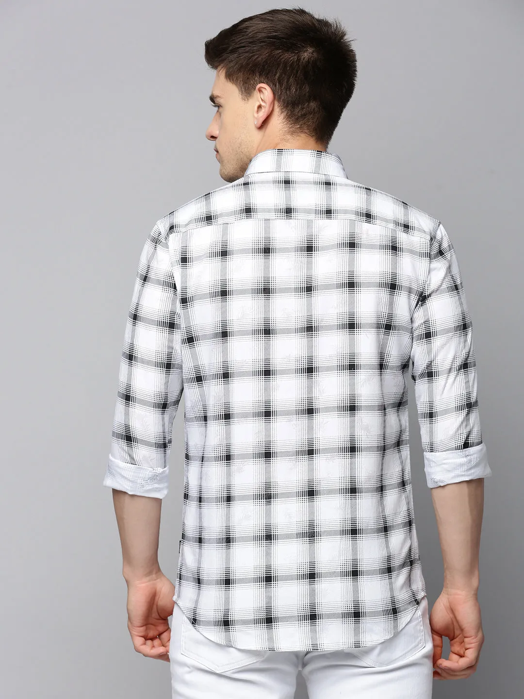 Men White Tartan Checked Spread Collar Long Sleeves Comfort Cotton Casual Shirt