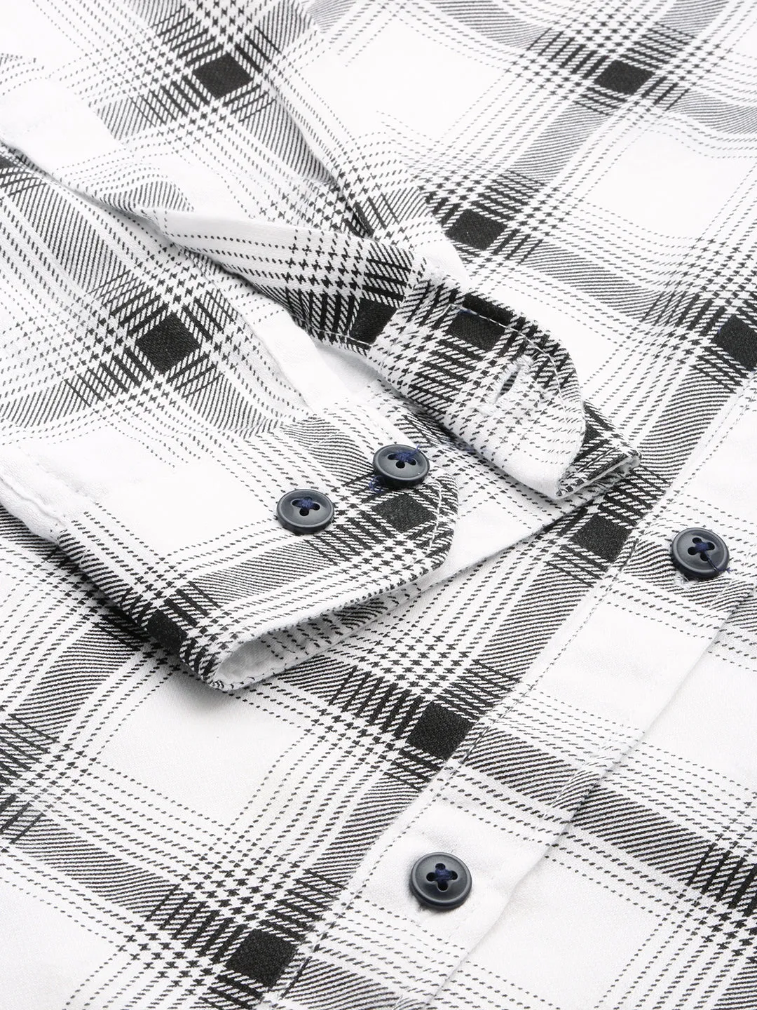 Men White Tartan Checked Spread Collar Long Sleeves Comfort Cotton Casual Shirt