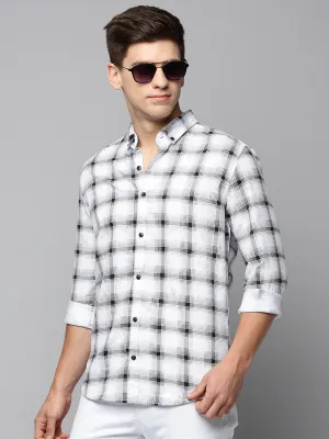 Men White Tartan Checked Spread Collar Long Sleeves Comfort Cotton Casual Shirt