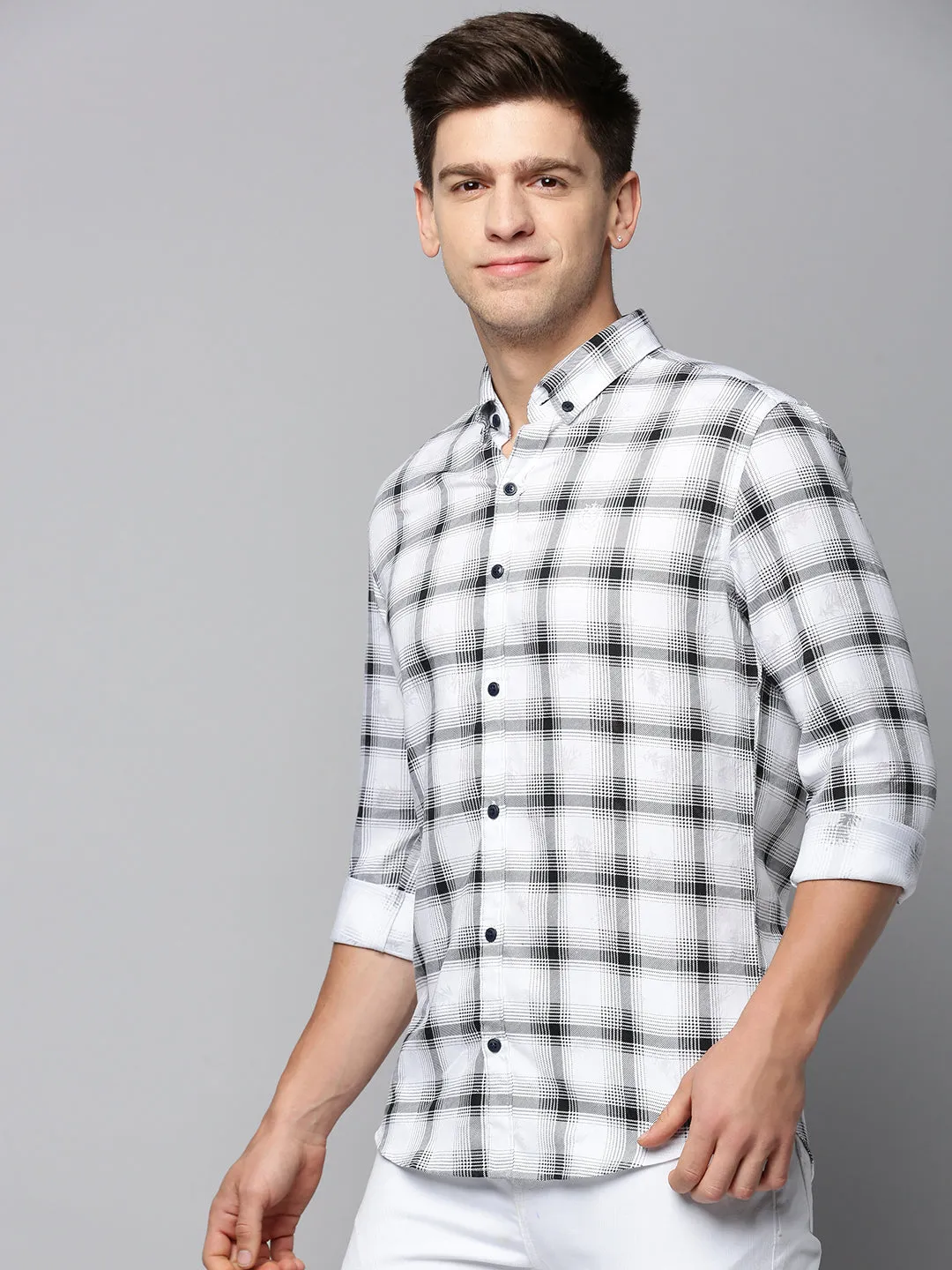 Men White Tartan Checked Spread Collar Long Sleeves Comfort Cotton Casual Shirt