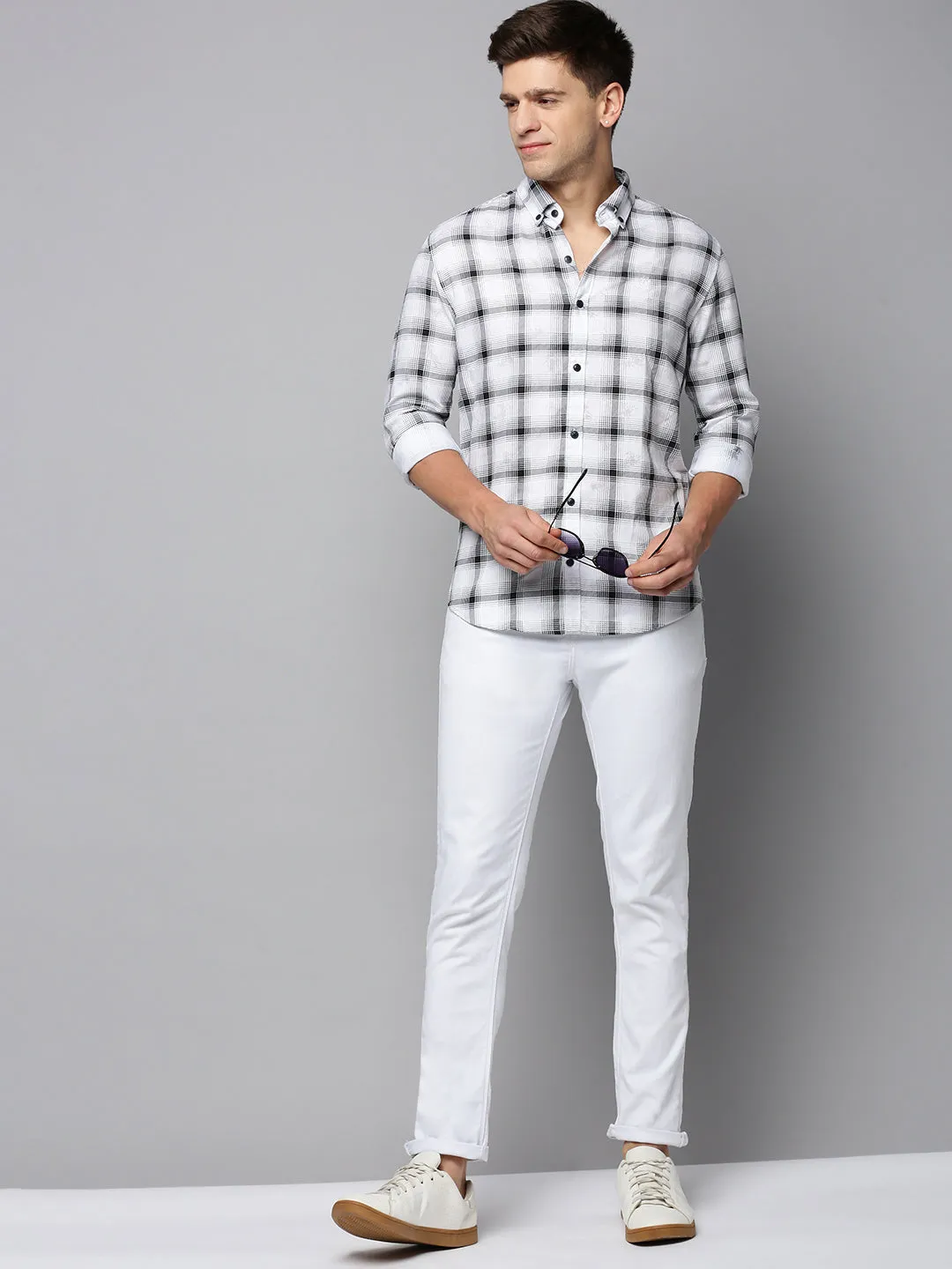 Men White Tartan Checked Spread Collar Long Sleeves Comfort Cotton Casual Shirt