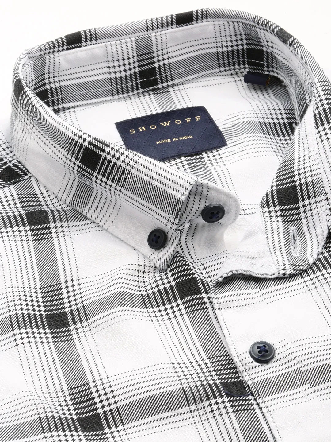 Men White Tartan Checked Spread Collar Long Sleeves Comfort Cotton Casual Shirt