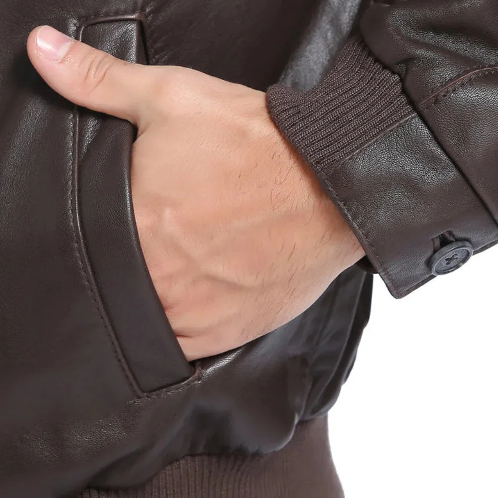 Men's Classic Fit Lambskin Leather Bomber Jacket