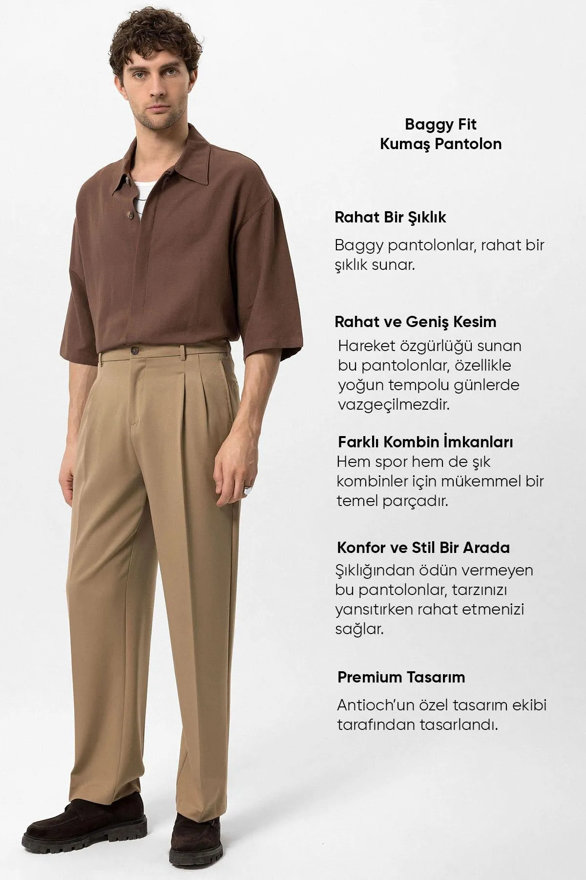 Men's Light Brown High-Waist Pleated Relaxed Fit Pants - Wessi