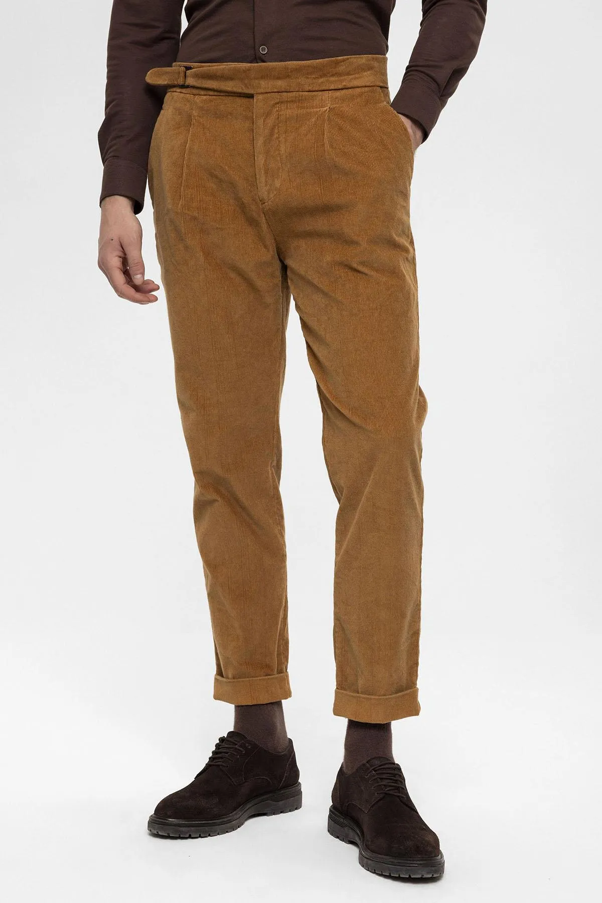 Men's Light Tan High Waist Double Leg Velvet  Trousers - Wessi