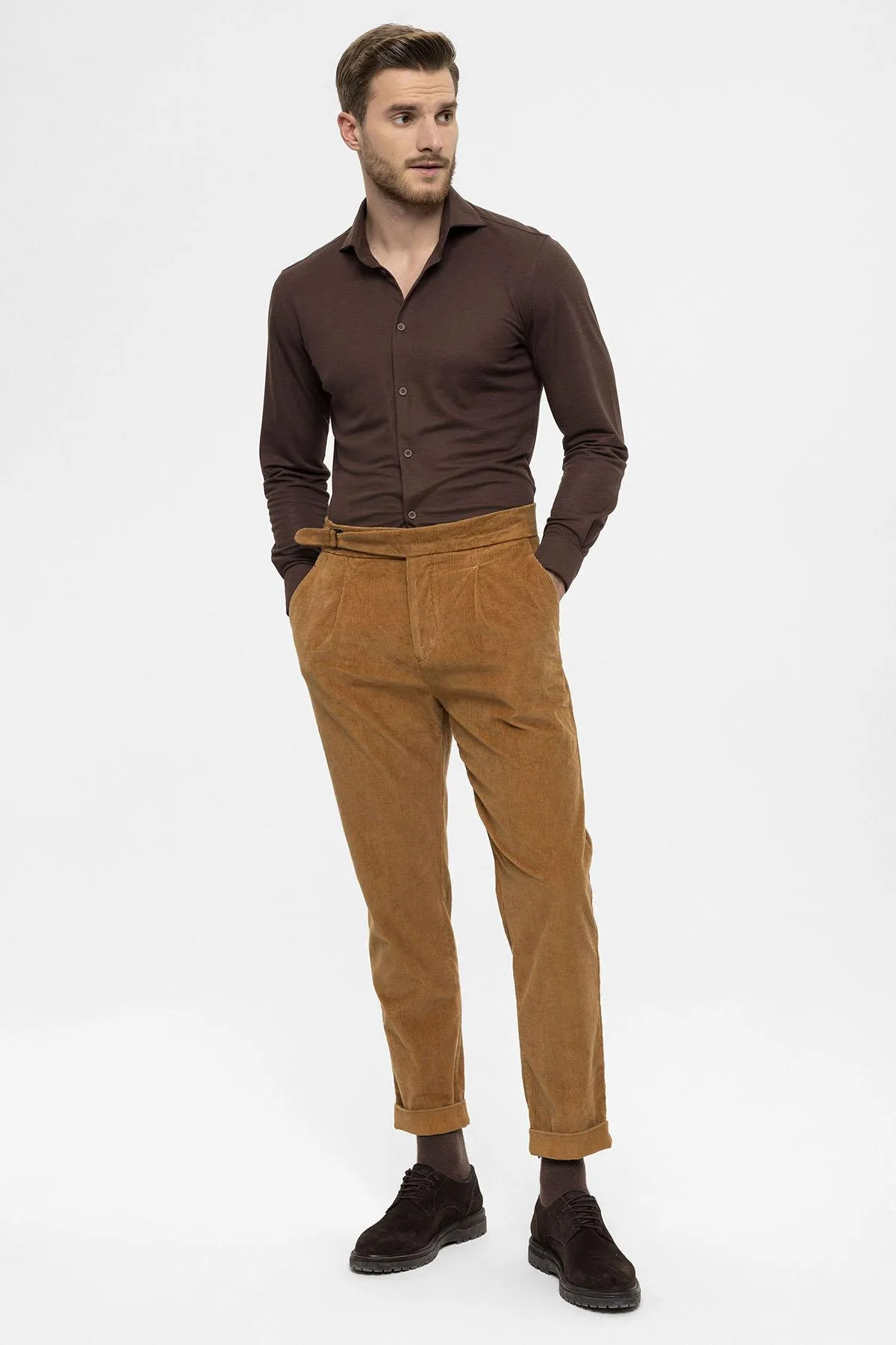 Men's Light Tan High Waist Double Leg Velvet  Trousers - Wessi