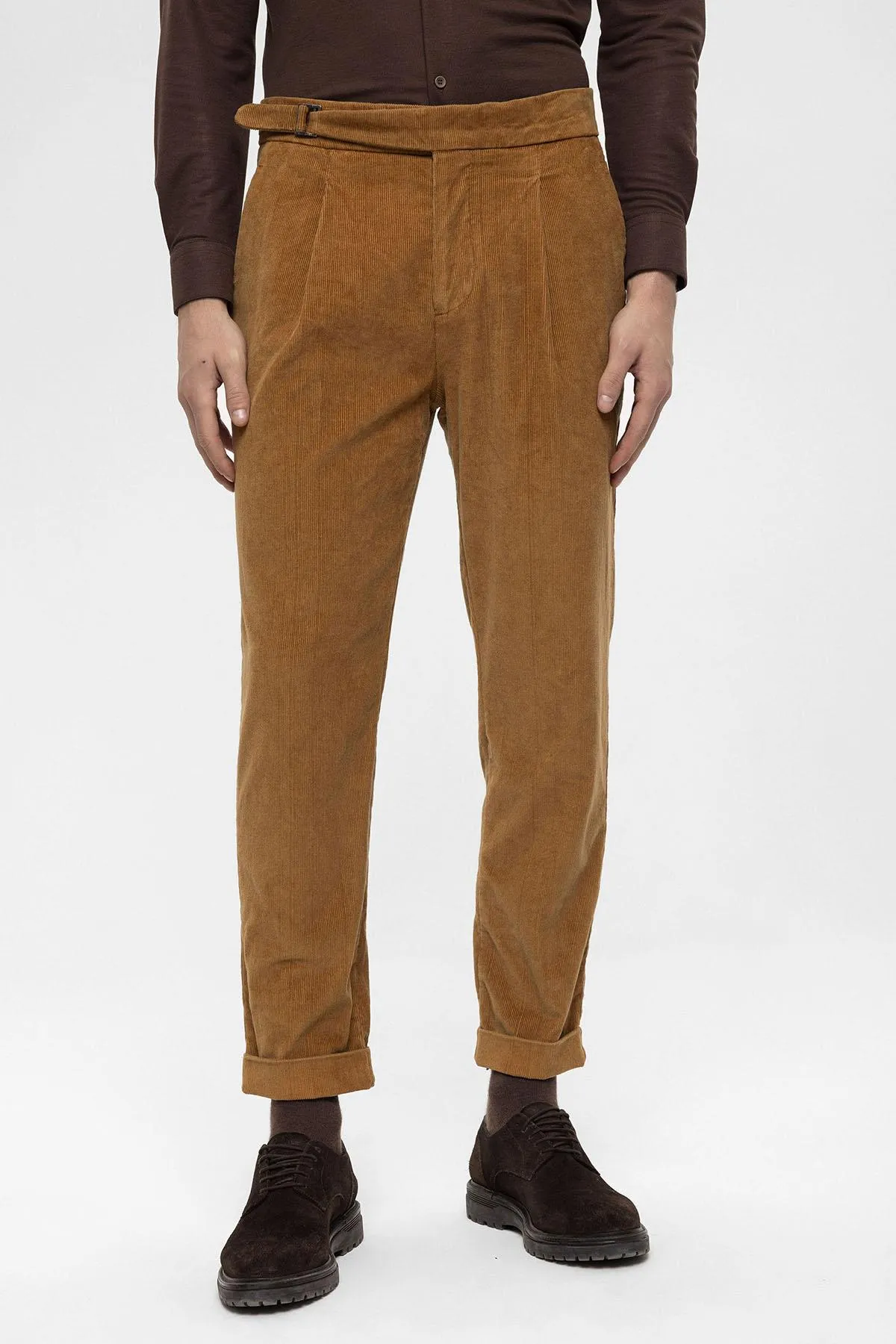 Men's Light Tan High Waist Double Leg Velvet  Trousers - Wessi