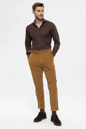 Men's Light Tan High Waist Double Leg Velvet  Trousers - Wessi