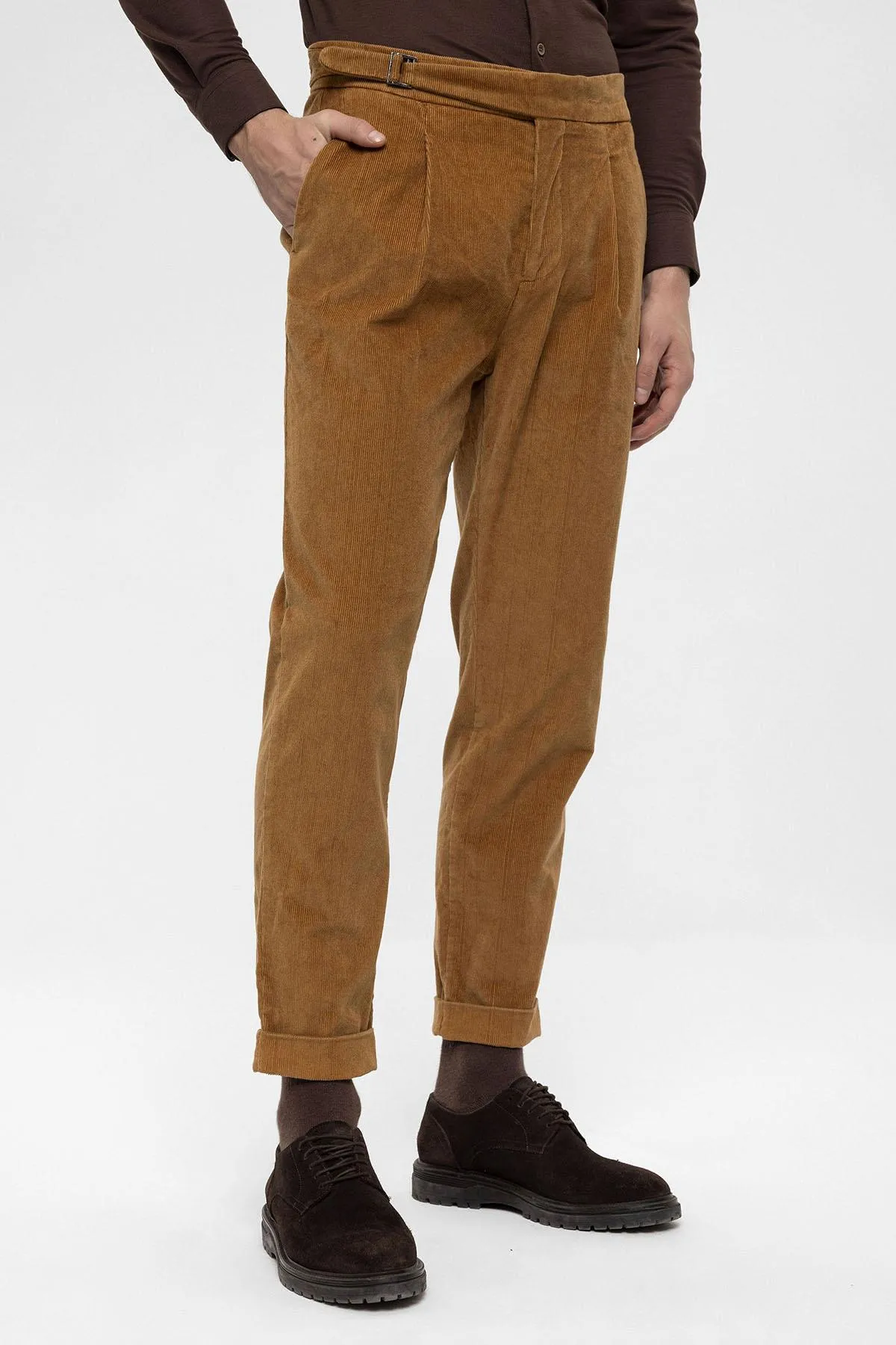 Men's Light Tan High Waist Double Leg Velvet  Trousers - Wessi