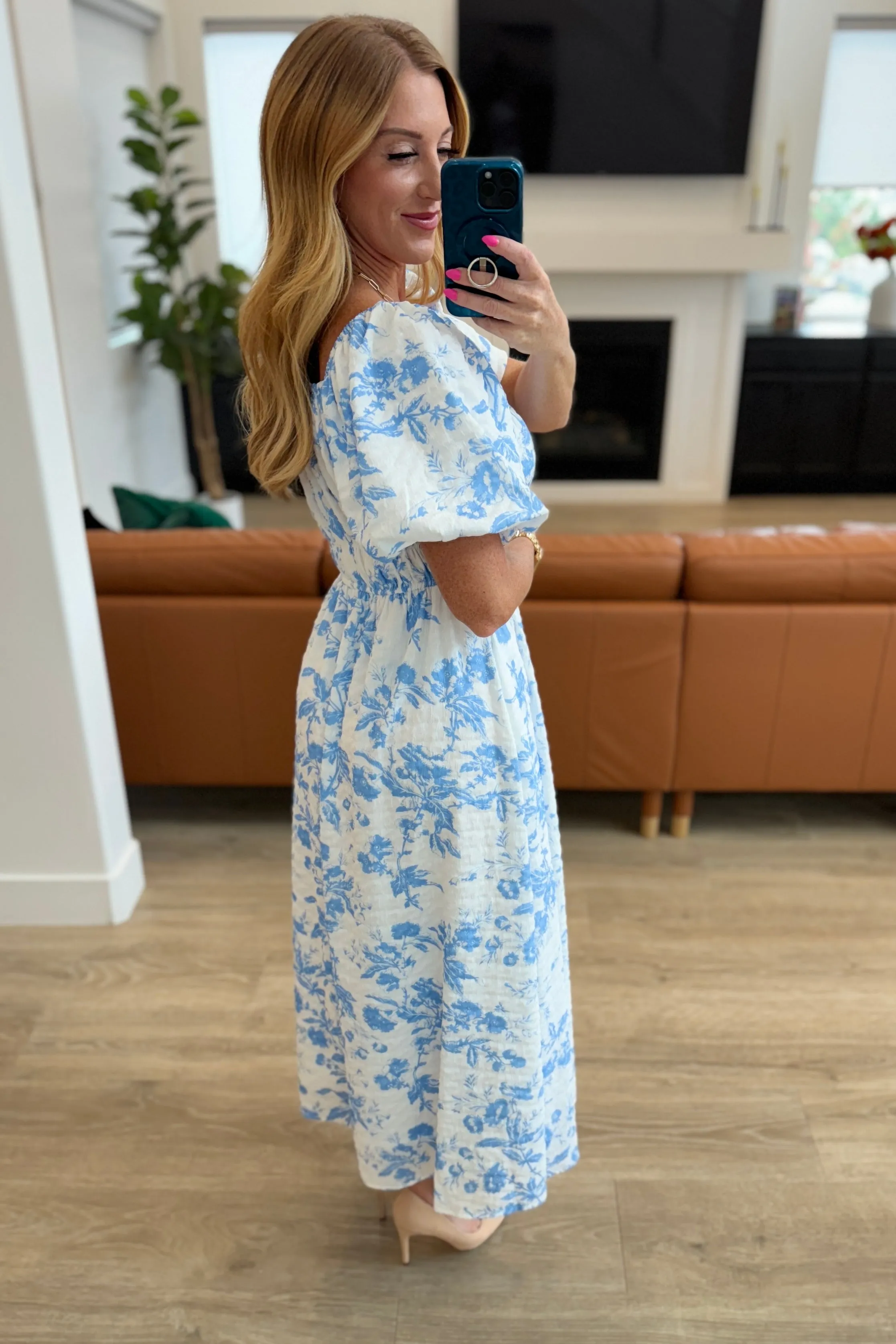 Nurturing Myself Square Neck Floral Dress in Blue