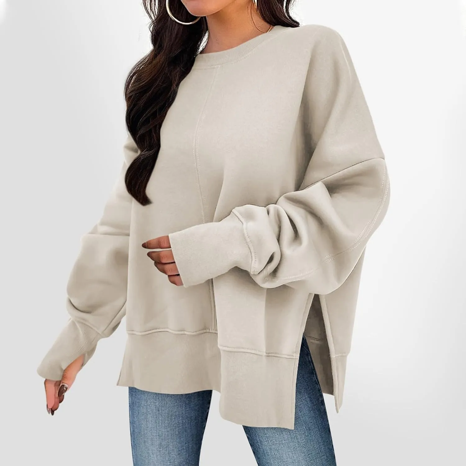 Oversized Sweatshirts Women Casual Loose Fit Crewneck Thumb Hole Sweatshirts High Low Split Hem Trendy Hoodies